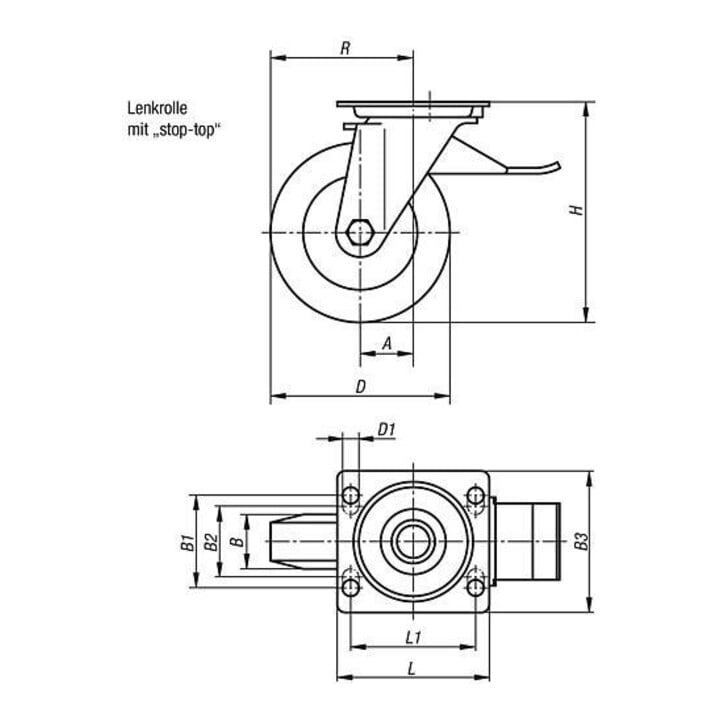 KIPP Lenkrolle mit Feststellsystem Stop-Top Stahl Gummi Ø125 B50