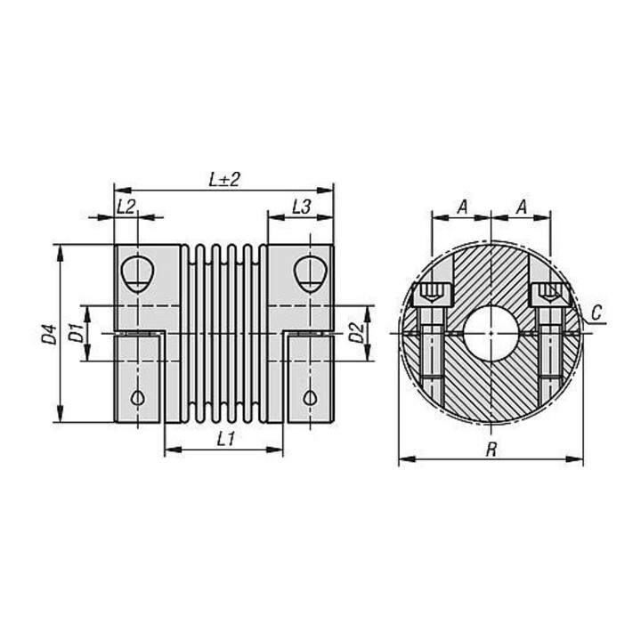 KIPP Metaalbalgkoppeling Gr. 30 D1=19 D2=19 L=58 Aluminium