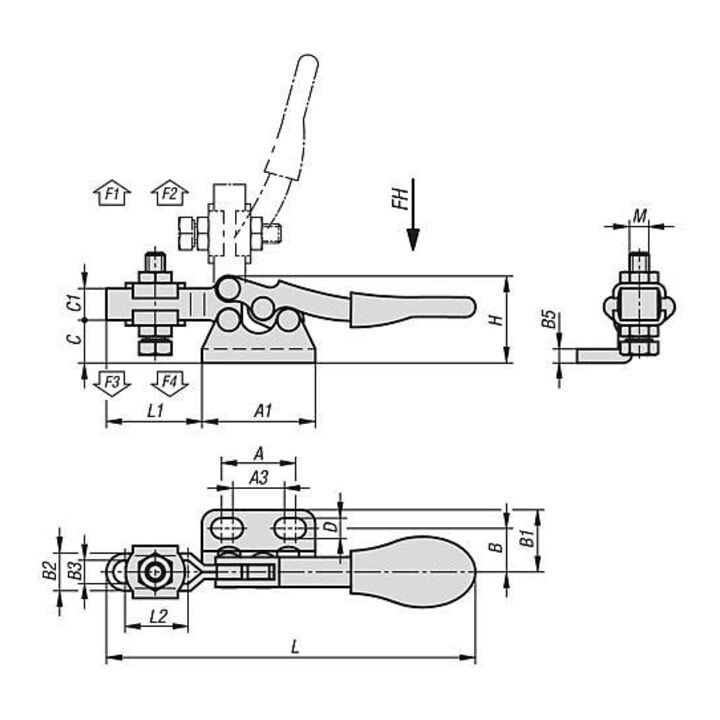 KIPP Mini-serrage rapide horizontal F1=250 réglable avec tige de pression
