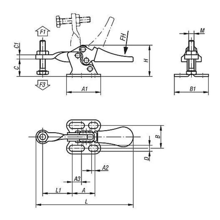 KIPP Mini serre-joint à pied horizontal F1=500 M05x20 acier zingué