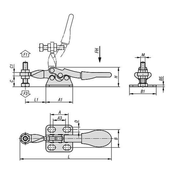KIPP Mini serre-joint horizontal pied horizontal F1=500 tige de pression fixe M0