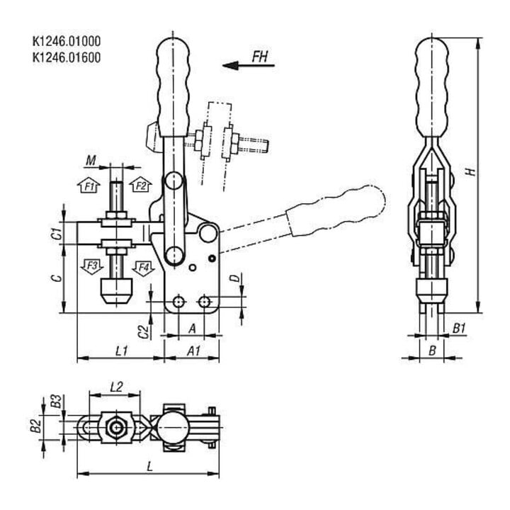 KIPP Mini-serre-joint pied vertical F2=1000 réglable M05x4 tige de pression