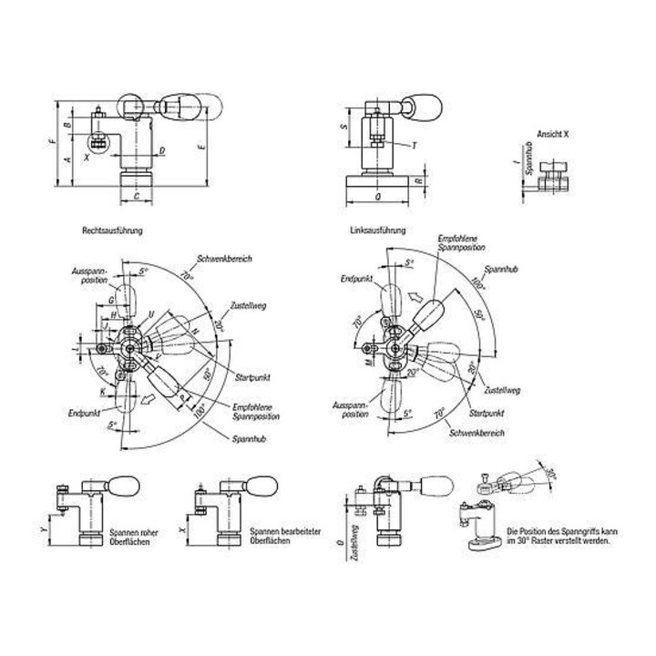 KIPP Mini-serre-joint pivotant gauche acier cémenté brunie FH=200 X=31,7