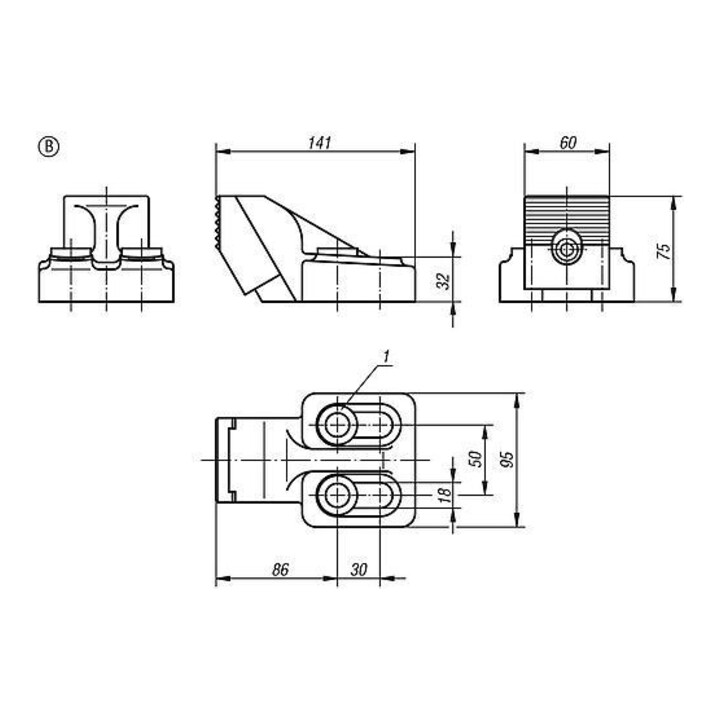 KIPP Niederzug-Gegenhalter Form B Kugelgraphitguss schwarz Vergütungsstahl