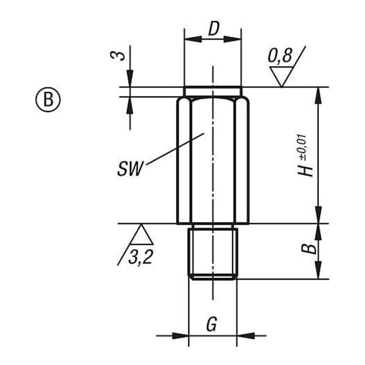 KIPP Pied de positionnement G=M06 H=20 Forme B Acier trempé SW=10