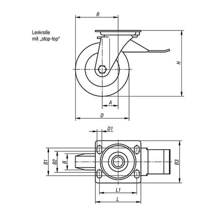 KIPP Roulette pivotante avec système de blocage Stop-Top Polyuréthane D=125 I=50 Acier