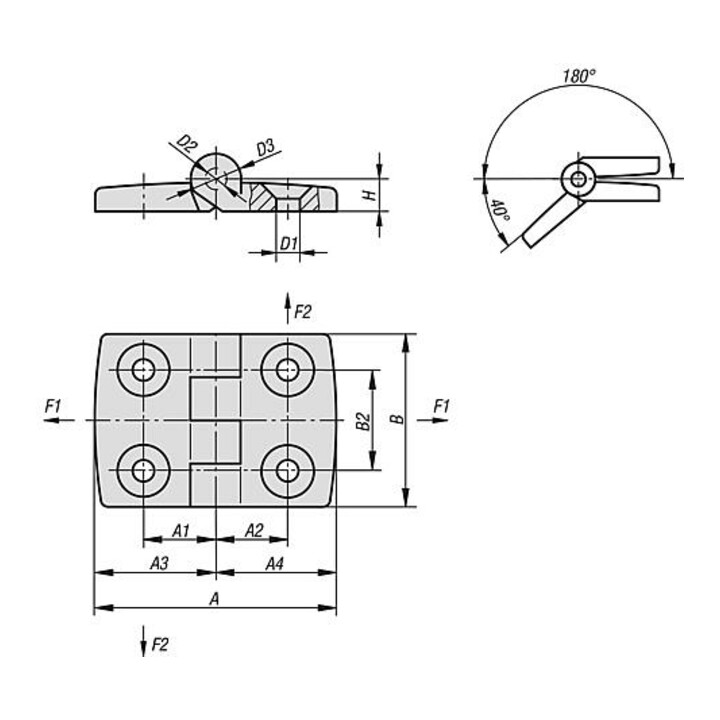 KIPP Scharnier 83,5x48, Thermoplast schwarz, Edelstahl, A1=15, A2=32,5, A3=26, A4=57,5