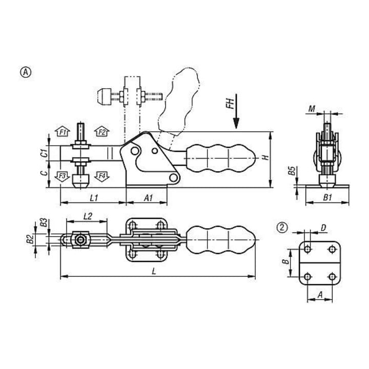 KIPP Schnellspanner Fuß waagrecht F2=1000 verstellbar Andruckspin