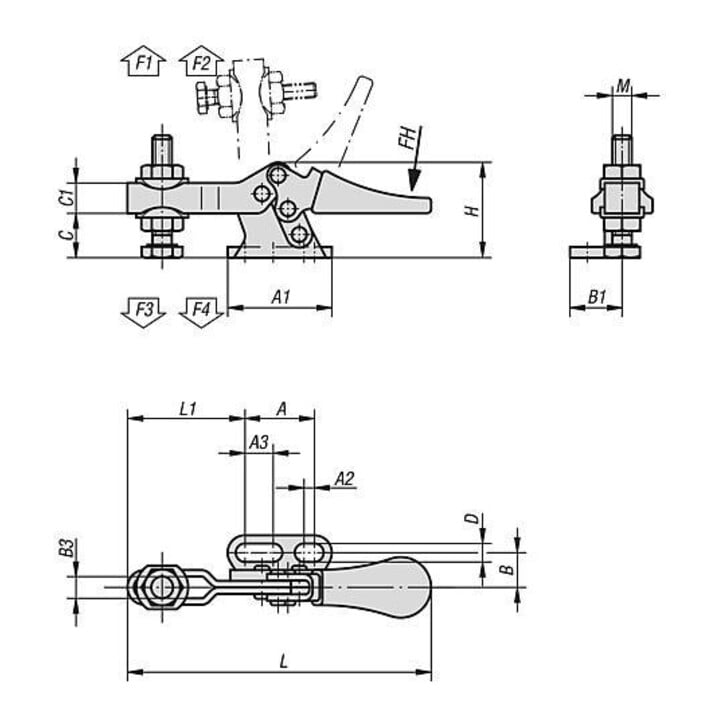 KIPP Schnellspanner Fuß waagrecht Mini F1=250 verstellb. Andruckspindel M05x20
