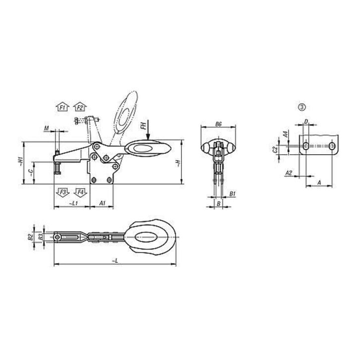 KIPP Schnellspanner horizontal mit Sicherheitsverriegelung Fuß senkrecht F1=2000 ver.
