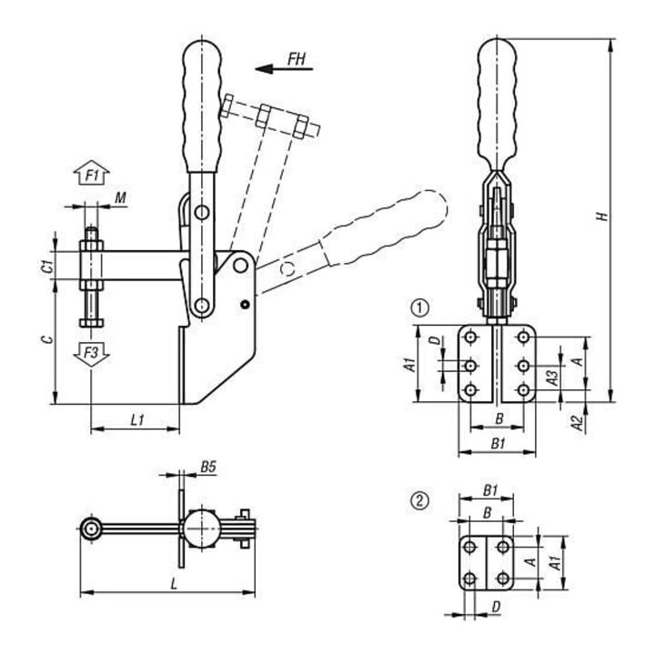KIPP Schnellspanner vertikal Standard Fuß abgewinkelt F1=1600 feste Andruckspindel