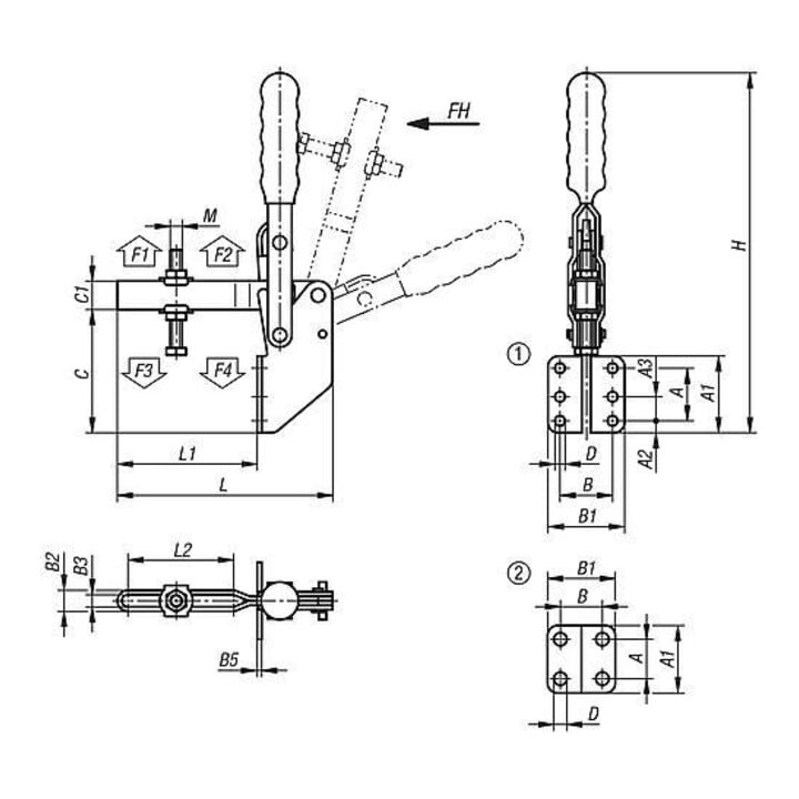 KIPP Schnellspanner Vertikal Standard Fuß abgewinkelt F2=1000 verstellbar