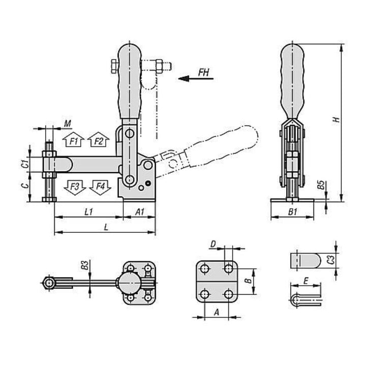 KIPP Schnellspanner Vertikal Standard Fuß waagrecht F2=7000 voller Haltearm M12x