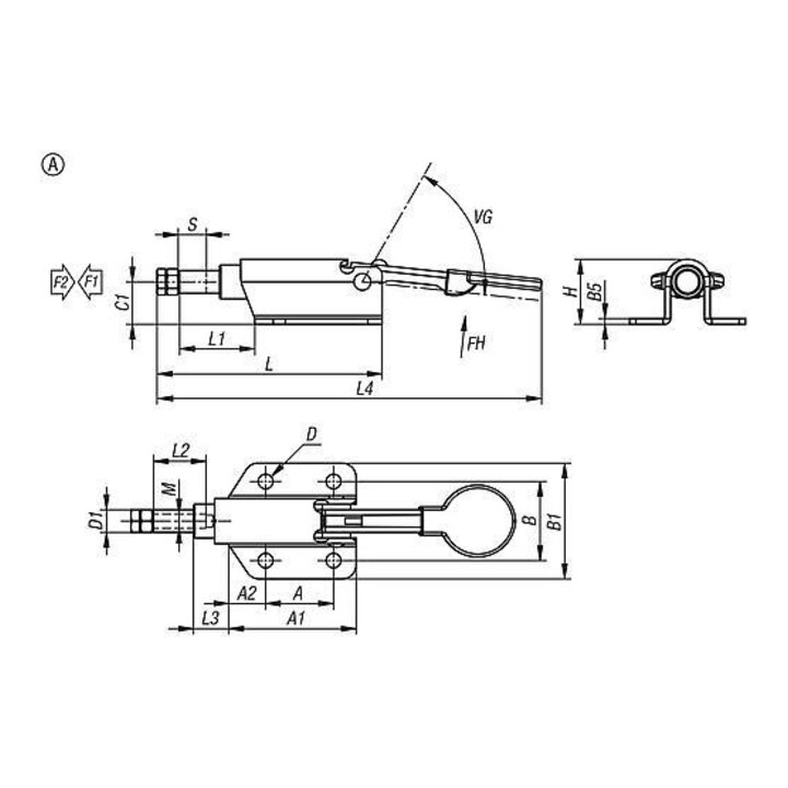 KIPP Schubstangenspanner Horizontal Form A F2=500 Stahl verzinkt Kunststoffgriff