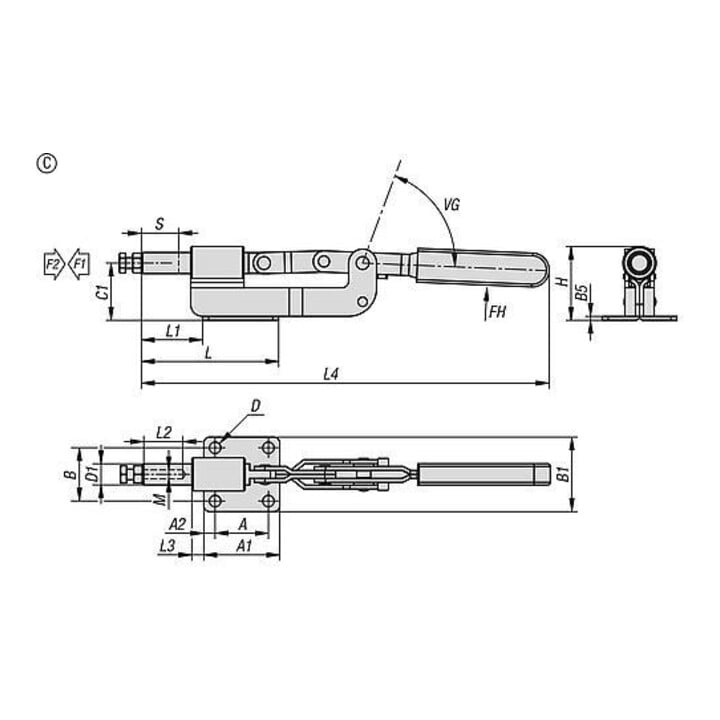 KIPP Schubstangenspanner Horizontal Form C F2=3000 Stahl verzinkt Kunststoffgriff