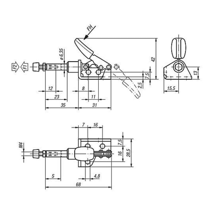KIPP Schubstangenspanner Mini F2=500 Edelstahl blank Kunststoffgriff