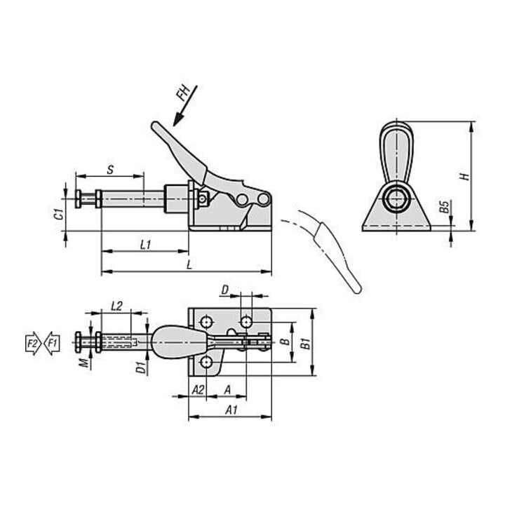 KIPP Schubstangenspanner Mini Form A F2=500 RVS blank compleet