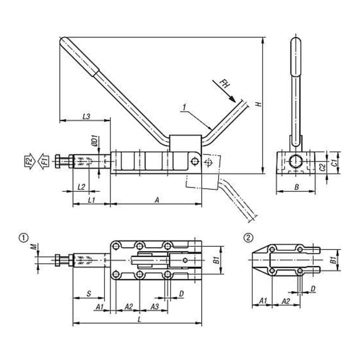 KIPP Schubstangenspanner schwere Ausführung Stahl phosphatiert F1=12100 F2=50000