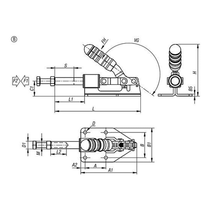 KIPP Schubstangenspanner Standard Form B F2=1800 Stahl verzinkt Kunststoffgriff