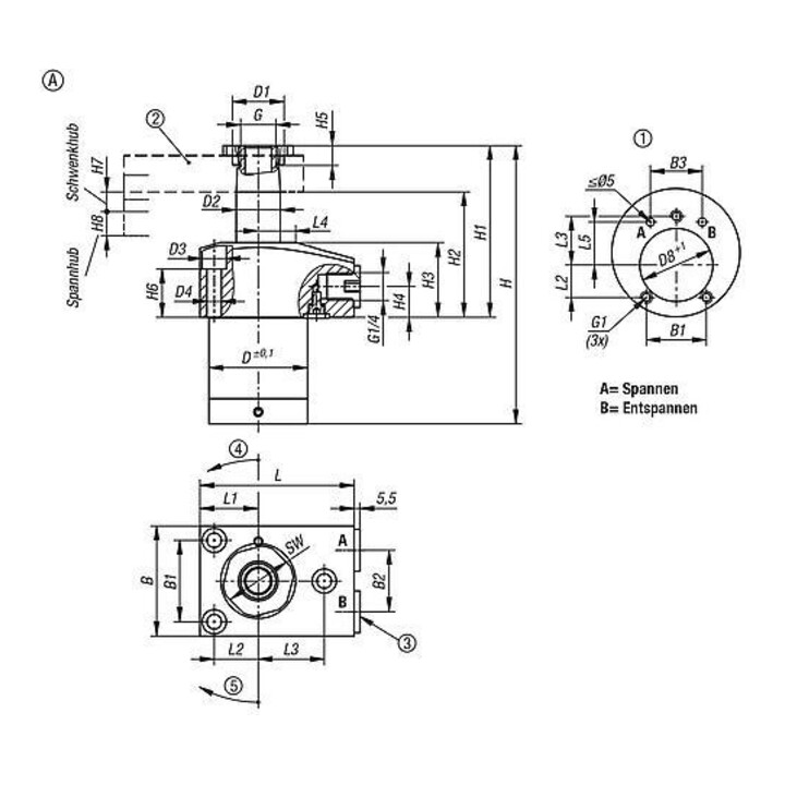 KIPP Schwenkspanner hydraulisch Form A doppelt wirkend DK 40 Hub 13 Gewinde-U
