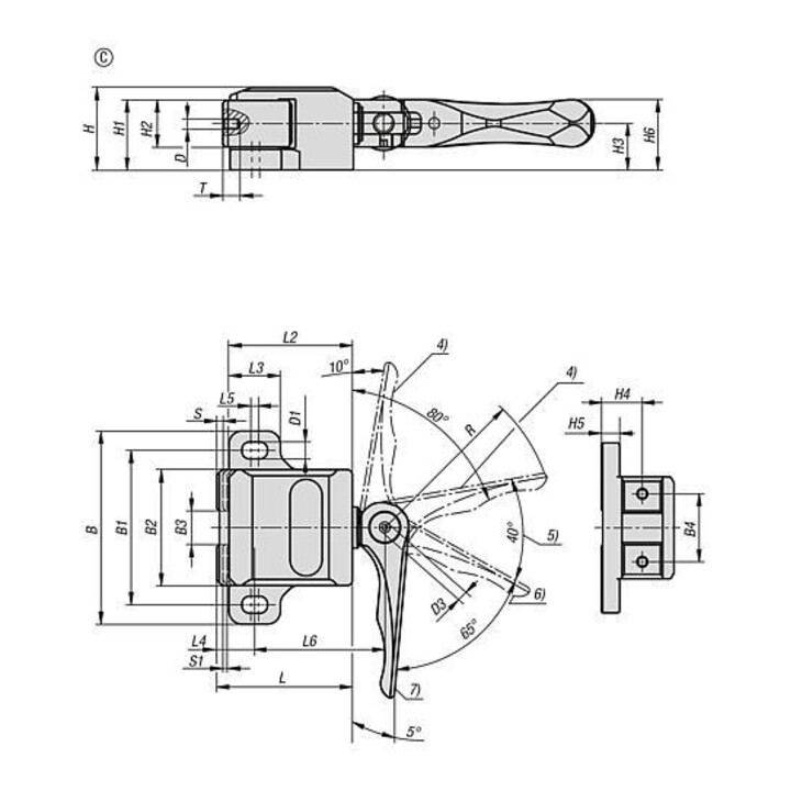 KIPP Serre-joint latéral avec levier de serrage Forme C Acier cémenté noir F1,2 S0,4
