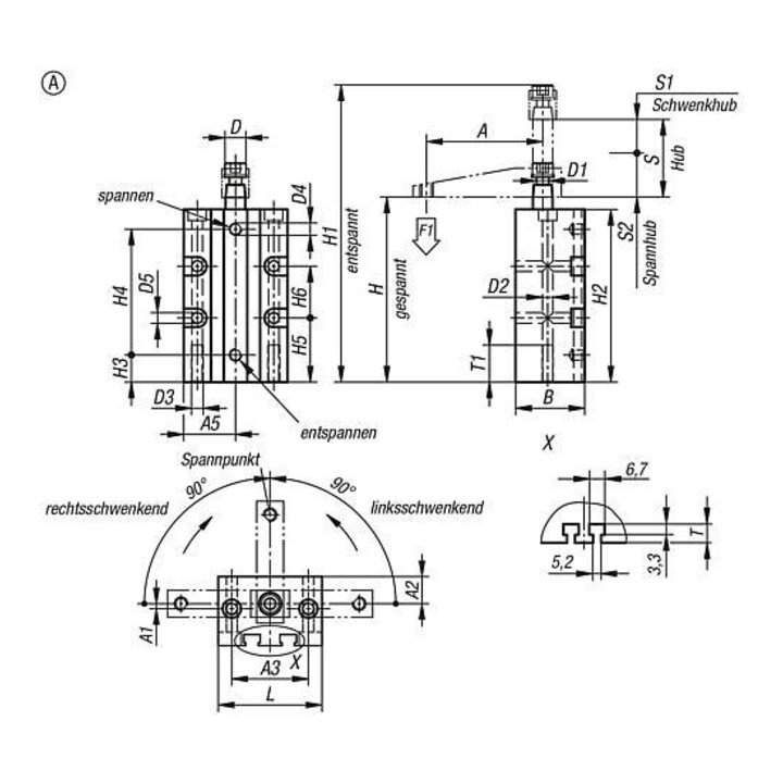 KIPP Serre-joint pivotant pneumatique pivot droit Gr. 12 Forme A 40 x 24 x 76