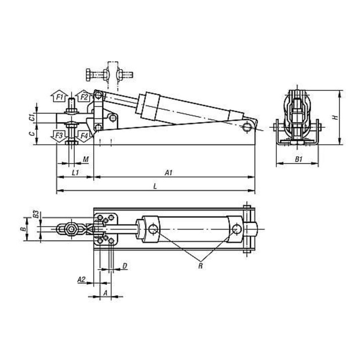 KIPP Serre-joint pneumatique horizontal Forme A F2=1900 Acier Comp:Acier