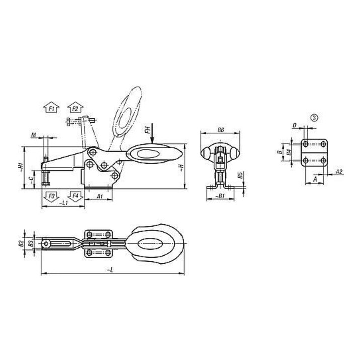 KIPP Serre-joint rapide horizontal F1=2000 avec verrouillage de sécurité, pied horizontal nickelé