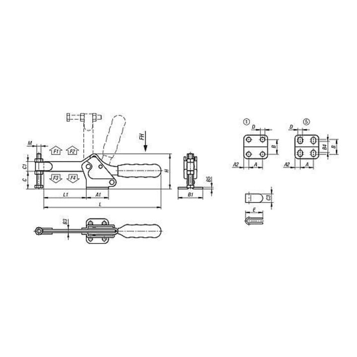 KIPP Serre-joint rapide horizontal pied standard horizontal F1=1400 M0 bras de maintien