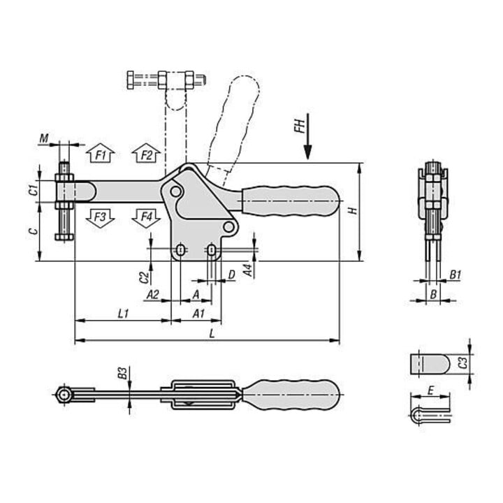KIPP Serre-joint rapide horizontal Pied standard vertical F2=5400 bras de maintien complet M1