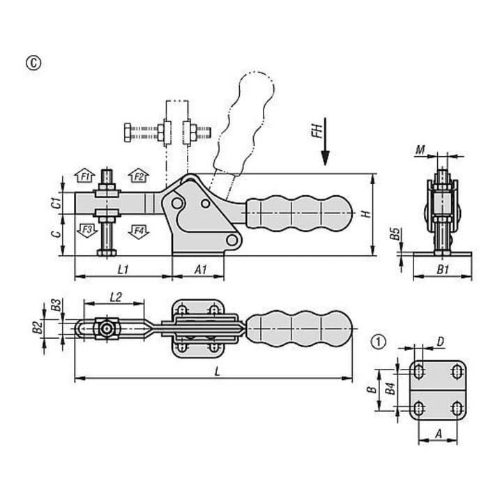 KIPP Serre-joint rapide pied horizontal F2=3400 réglable avec pointe de pression
