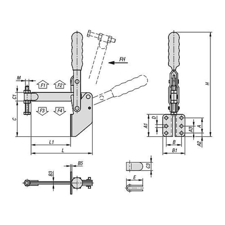 KIPP Serre-joint rapide vertical pied standard coudé F2=3600 bras de maintien plein M0