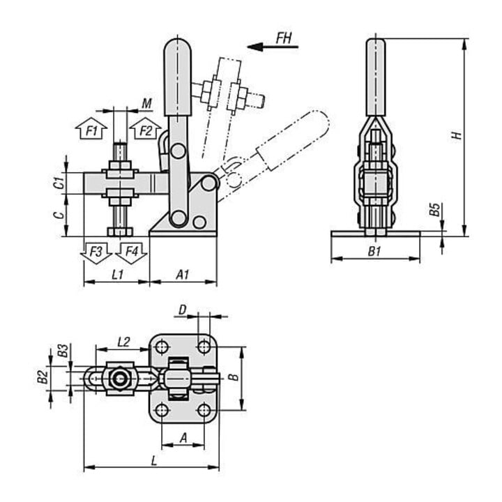 KIPP Serre-joint rapide vertical pied standard horizontal F2=1000 réglable