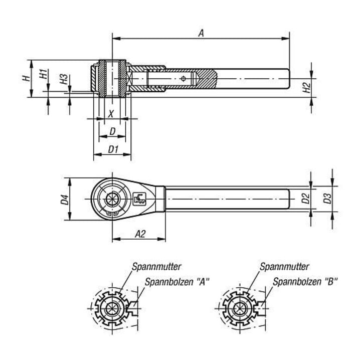 KIPP Spanner GR.3 M18 A=230 Vergütungsstahl brüniert Autom. Stahl