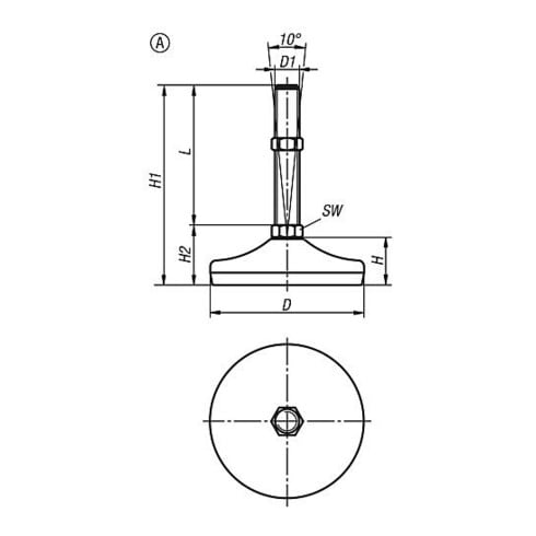 KIPP Stellfuß, Form A M10x100, D=50, Edelstahl, Gummi