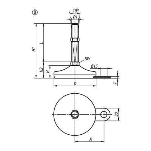 KIPP Stellfuß, Form B M10x100, D=80, Edelstahl, Gummi