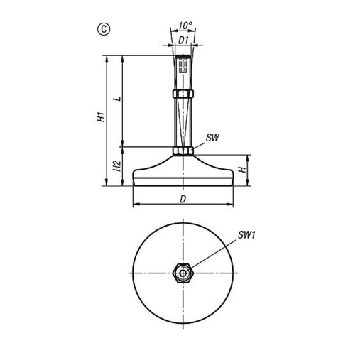 KIPP Stellfuß mit Innensechskant, Form C M10x50, D=60, Stahl, Gummi