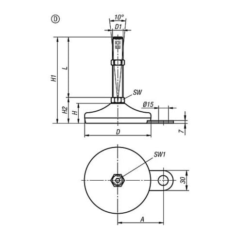 KIPP Stellfuß mit Innensechskant, Form D M10x50, D=60, Stahl, Gummi