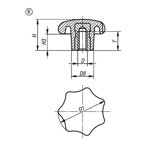 KIPP Sterngriff ähnlich DIN6336 D=M08, D1=40H=25, Form K, Duroplast schwarz hochglanzpoliert, Stahl