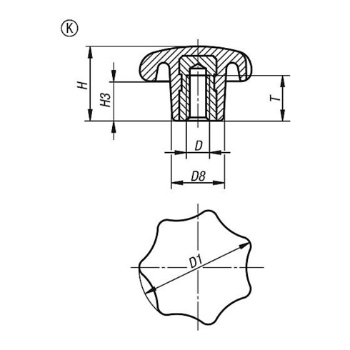 KIPP Sterngriff ähnlich DIN6336 D=M10, D1=50H=32, Form K, Duroplast schwarz hochglanzpoliert, Stahl