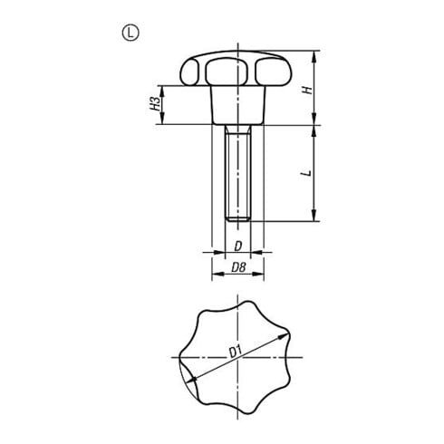 KIPP Sterngriff ähnlich DIN6336 M05x20, D1=25H=16, Form L, Duroplast schwarz hochglanzpoliert, Stahl