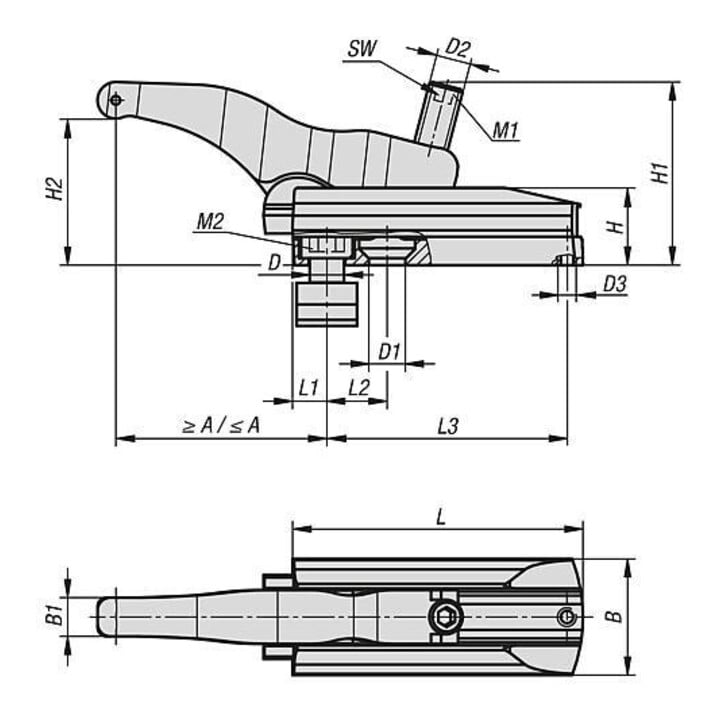 KIPP Tendeur à ressort simple M20 175 × 75 × 52 mm acier trempé