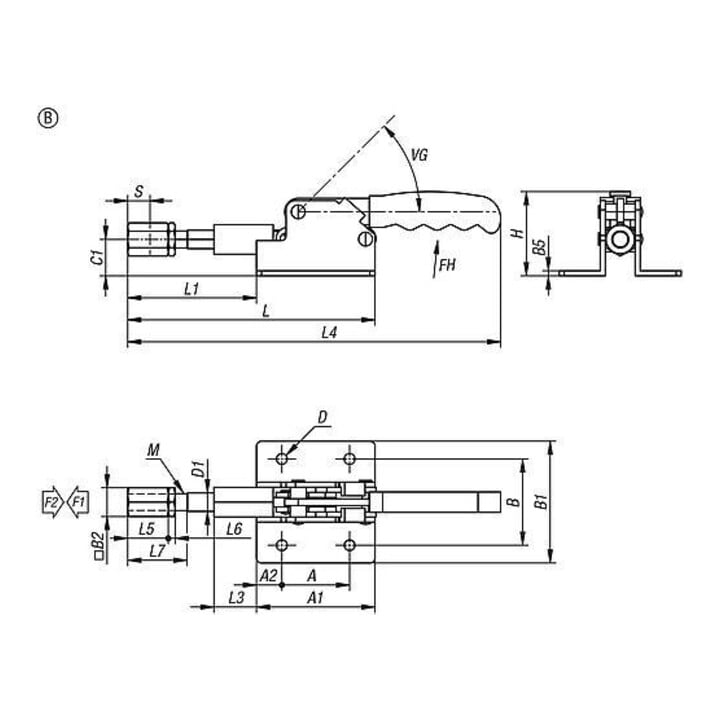 KIPP Tendeur à tige poussante horizontal Forme B F2=1600 Acier galvanisé Poignée plastique