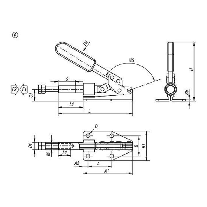 KIPP Tendeur à tige poussoir Standard Forme A F2=1800 Acier galvanisé Poignée plastique