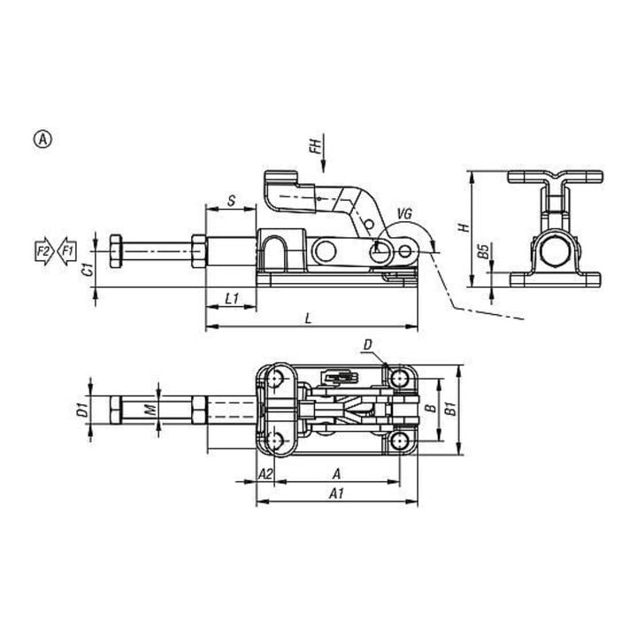 KIPP Tendeur à tige poussoir Standard Forme A F2=2450 inox A2 zingué compact Ku