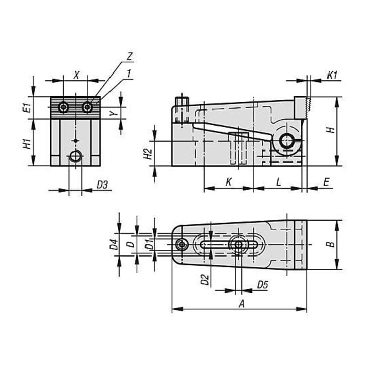 KIPP Tendeur à traction inférieure A=110 39 x 56 mm acier bruni