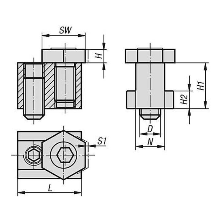 KIPP Vis excentrique de serrage hexagonale en laiton avec écrou en T en acier trempé