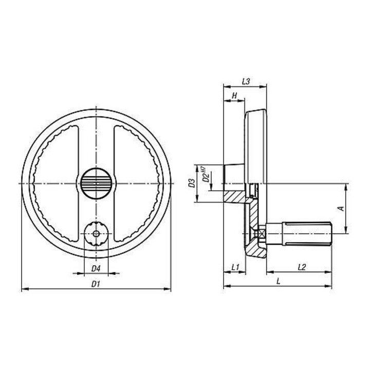KIPP Volant 2 branches D1=160 Forme E Aluminium noir D2=14