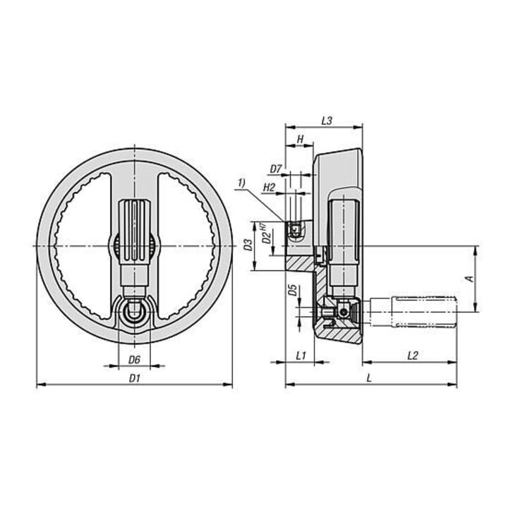 KIPP Volant à 2 rayons D1=125 Forme B avec perçage transversal Aluminium D2=14