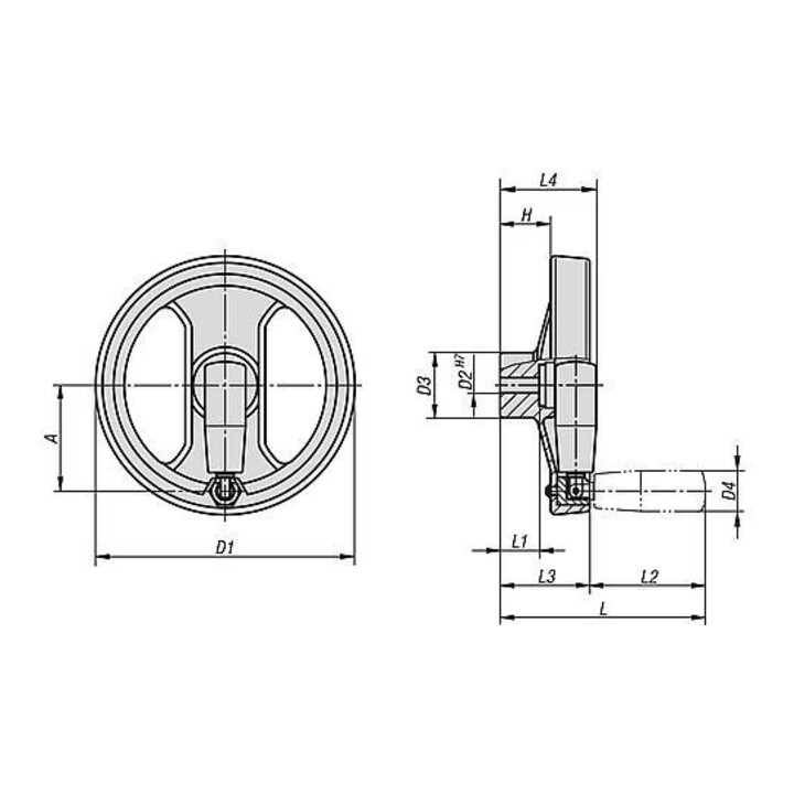 KIPP Volant à 2 rayons D1=129, alésage D2=14H7, polyamide noir